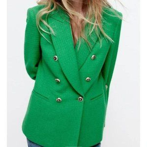 NWT ZARA BALMAIN STYLE TEXTURED BLAZER GOLD BUTTONS M GREEN